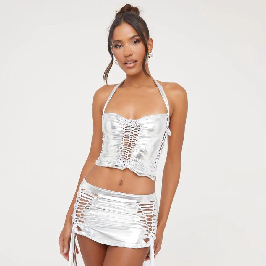 Yomorio Metallic Skirt Set Pink Two Piece Set Sexy Party Clubwear Drawstring Rave Outfits
