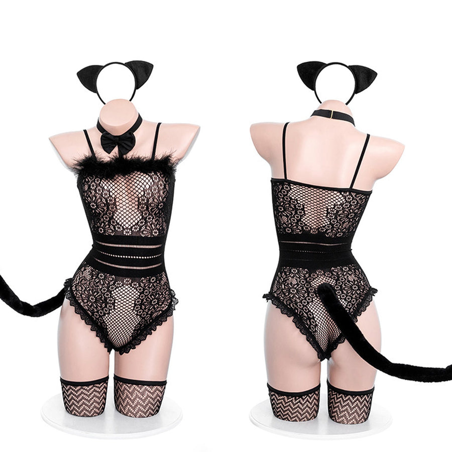 Yomorio Neko Girl Costume Anime Cat Cosplay Lingerie Black Fishnet Teddy Bodysuit