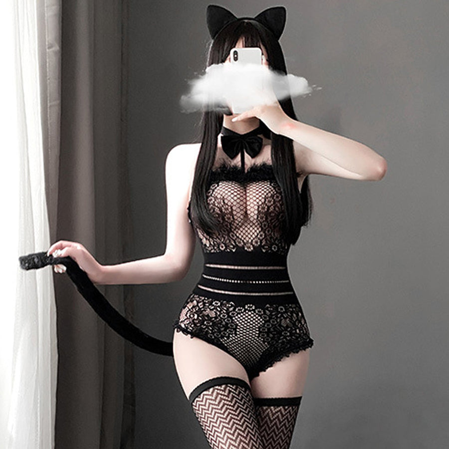 Yomorio Neko Girl Costume Anime Cat Cosplay Lingerie Black Fishnet Teddy Bodysuit