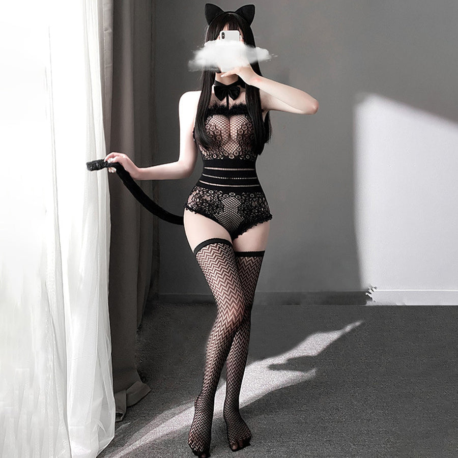 Yomorio Neko Girl Costume Anime Cat Cosplay Lingerie Black Fishnet Teddy Bodysuit