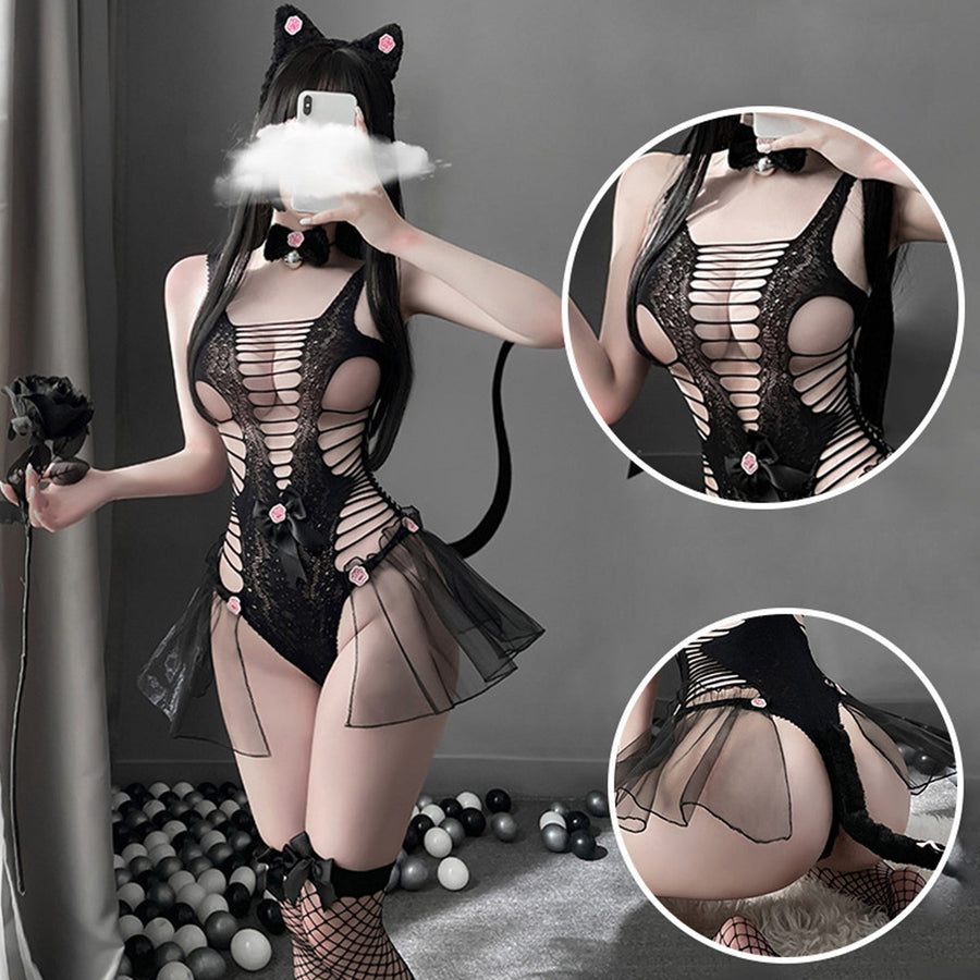 Yomorio Neko Girl Costume Cute Cat Cosplay Lingerie Set Black Hollow Out Teddy Bodysuit