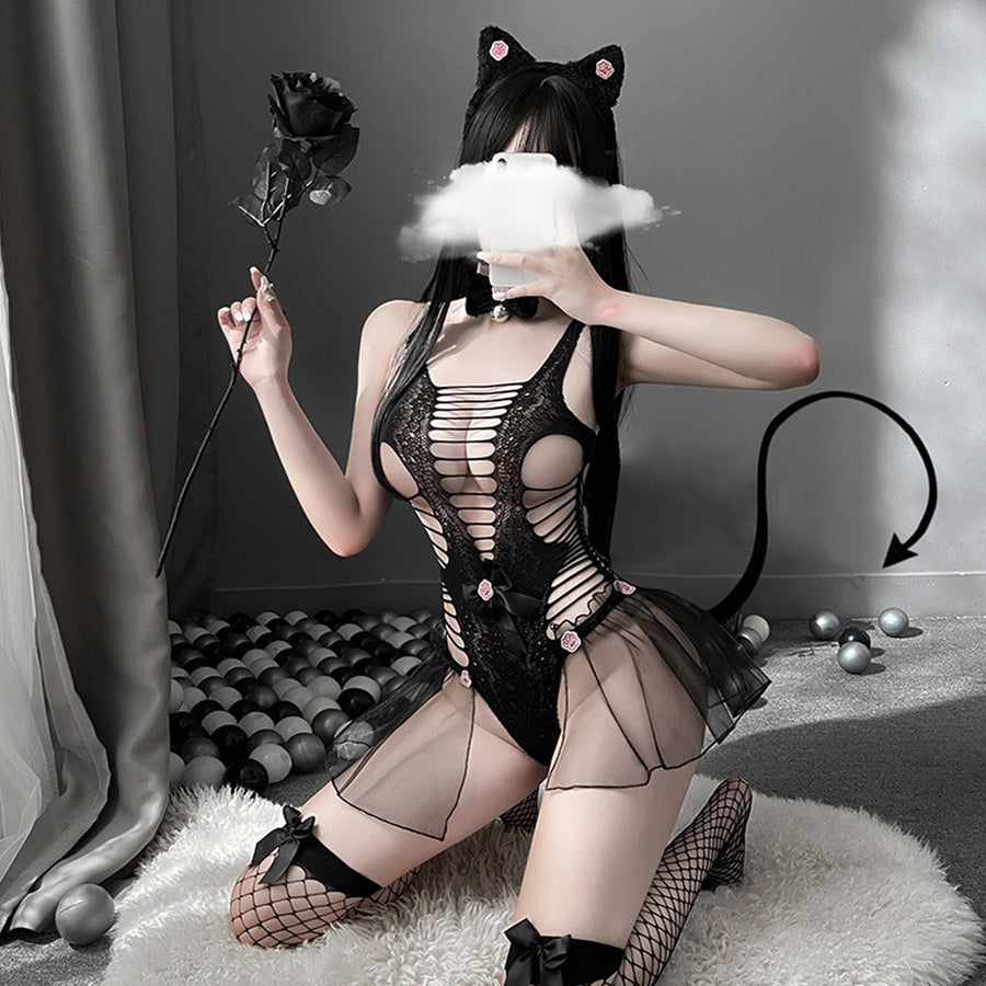 Yomorio Neko Girl Costume Cute Cat Cosplay Lingerie Set Black Hollow Out Teddy Bodysuit