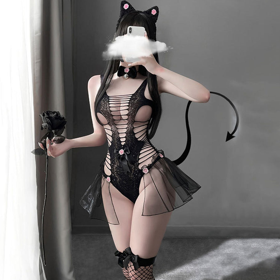 Yomorio Neko Girl Costume Cute Cat Cosplay Lingerie Set Black Hollow Out Teddy Bodysuit