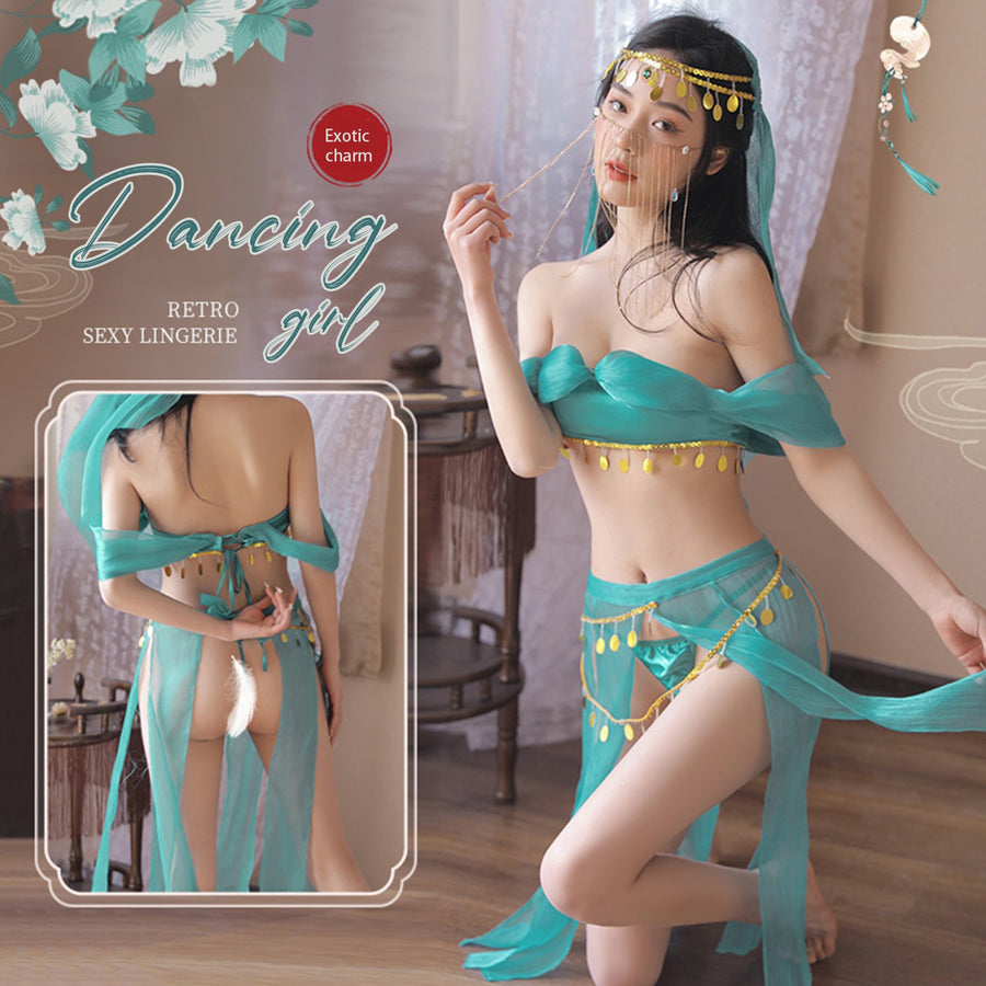 Yomorio Oasis Princess Costume Arabian Erotic Lingerie Set Off Shoulder Tube Top with Slit Skirt