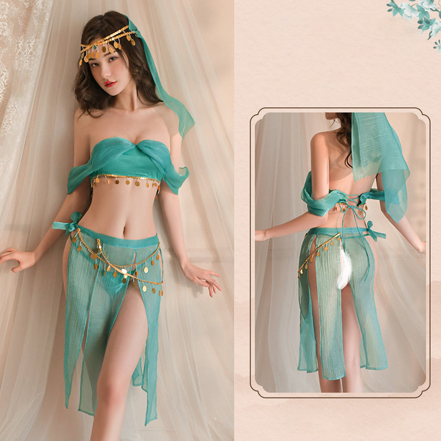 Yomorio Oasis Princess Costume Arabian Erotic Lingerie Set Off Shoulder Tube Top with Slit Skirt