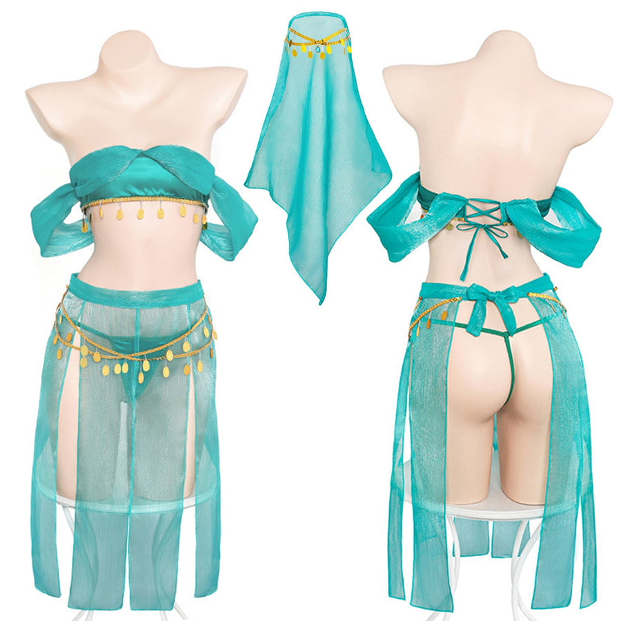 Yomorio Oasis Princess Costume Arabian Erotic Lingerie Set Off Shoulder Tube Top with Slit Skirt