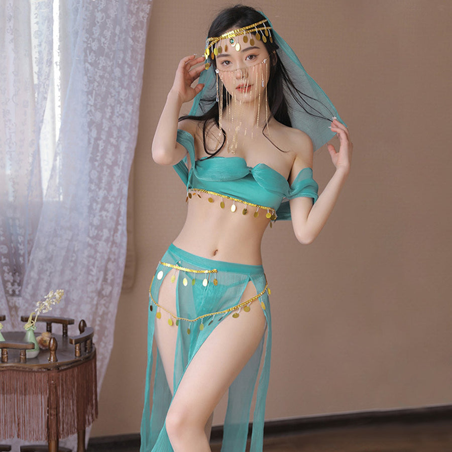 Yomorio Oasis Princess Costume Arabian Erotic Lingerie Set Off Shoulder Tube Top with Slit Skirt