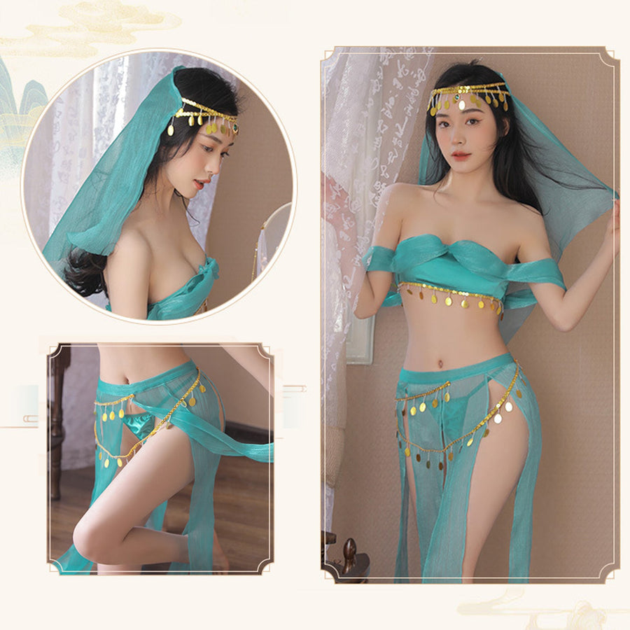 Yomorio Oasis Princess Costume Arabian Erotic Lingerie Set Off Shoulder Tube Top with Slit Skirt