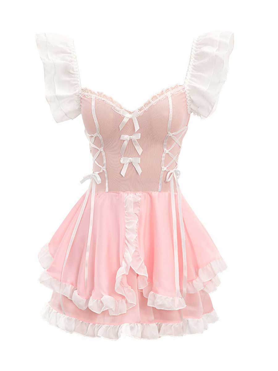 Yomorio Princess Lingerie Dress Sexy Maid Outfit Pink Lolita Ruffled Babydoll Dress