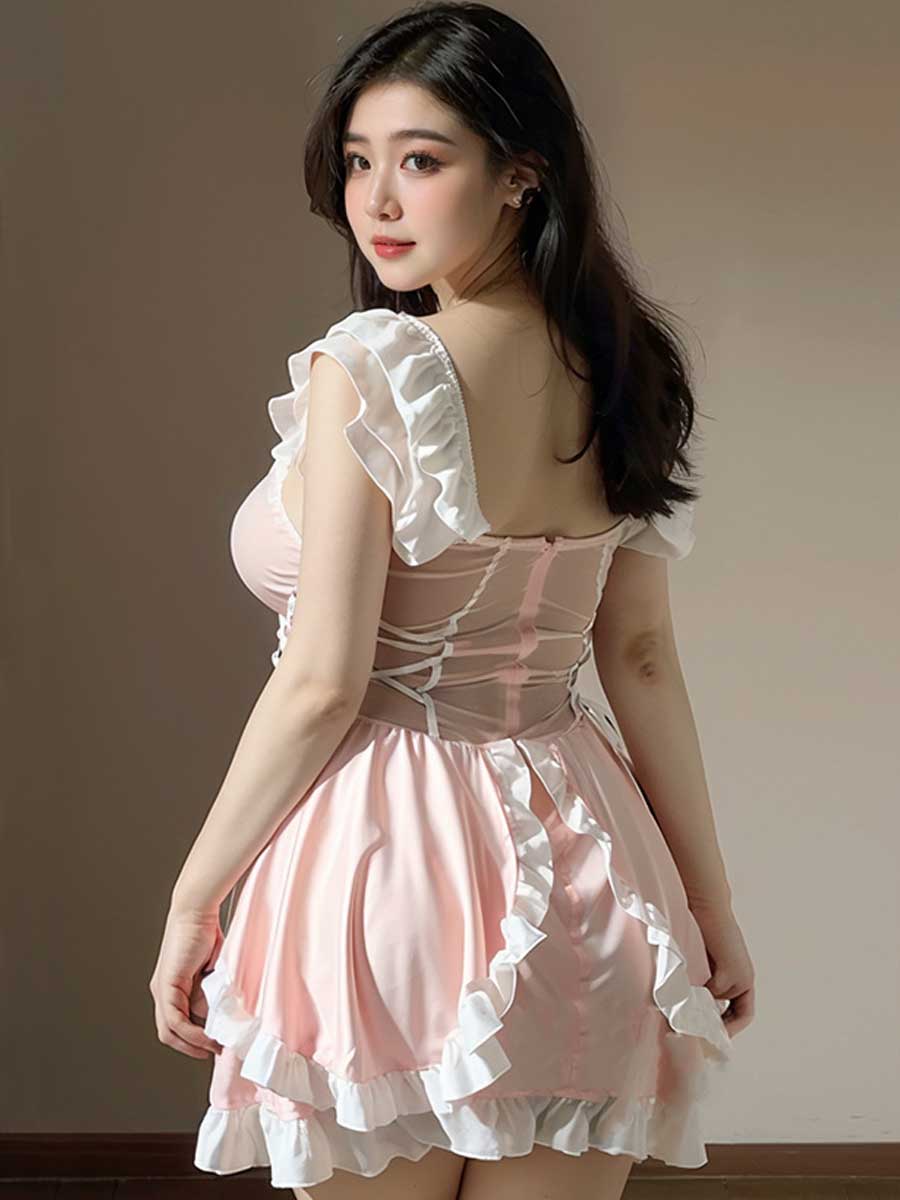 Yomorio Princess Lingerie Dress Sexy Maid Outfit Pink Lolita Ruffled Babydoll Dress