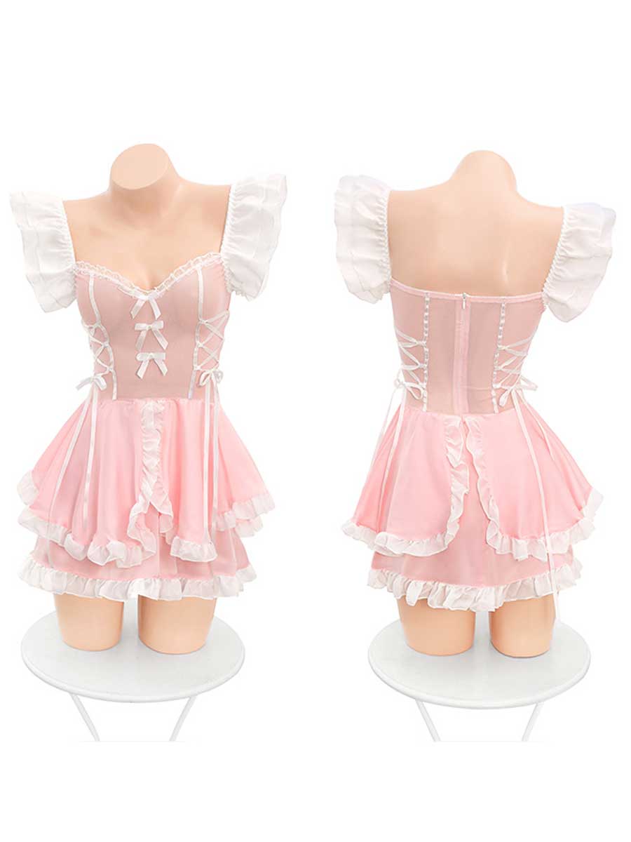 Yomorio Princess Lingerie Dress Sexy Maid Outfit Pink Lolita Ruffled Babydoll Dress