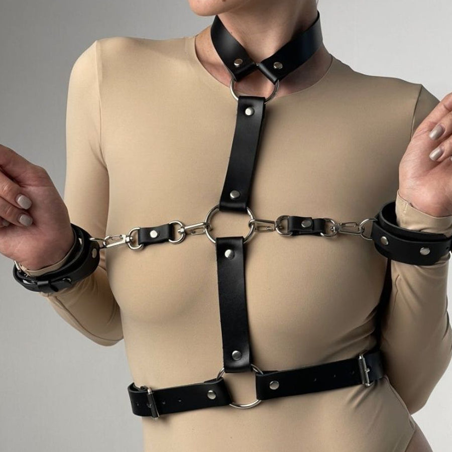 PU Leather Harness Top with Handcuffs