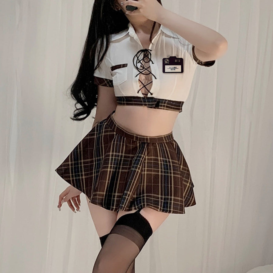 Lace-up Crop top and Browm Plaid Skirt