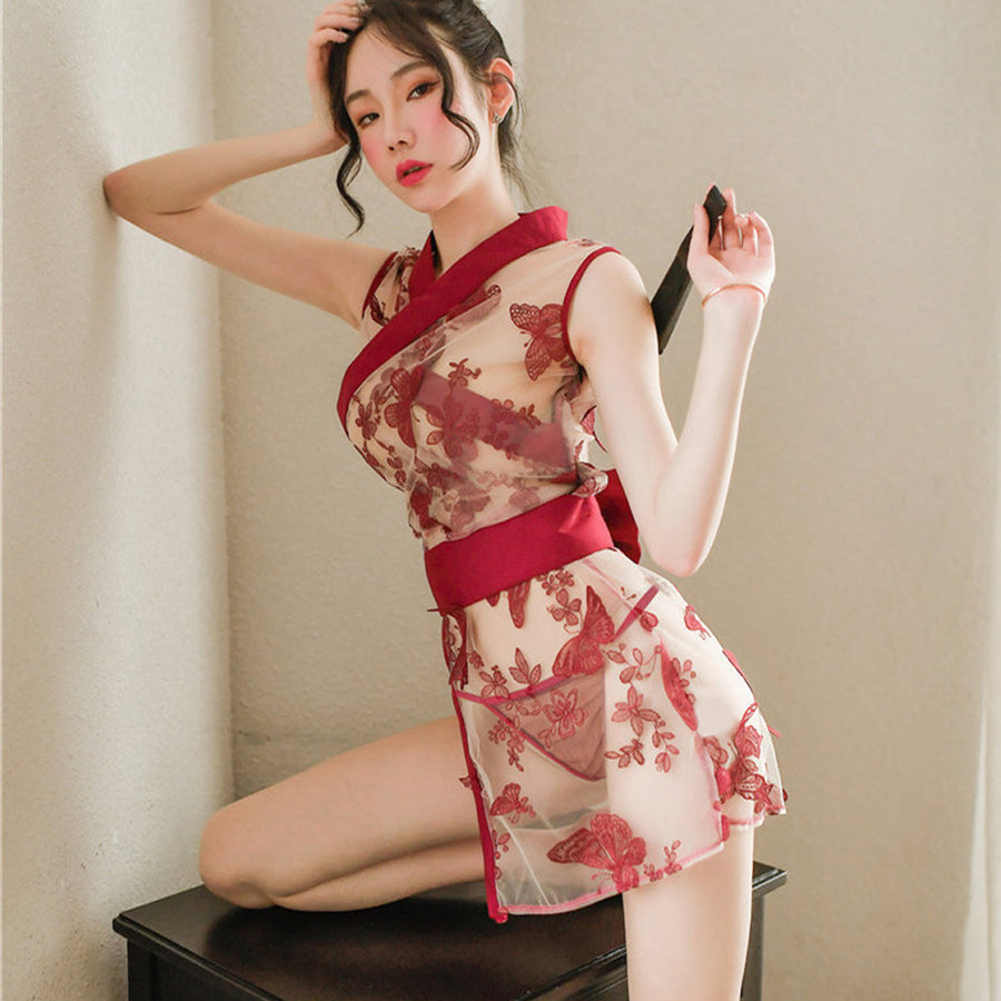 Yomorio Sexy See Through Kimono Robe Japanese Butterfly Embroidery Dressing Gown Lingerie Babydoll Nightwear with G-string