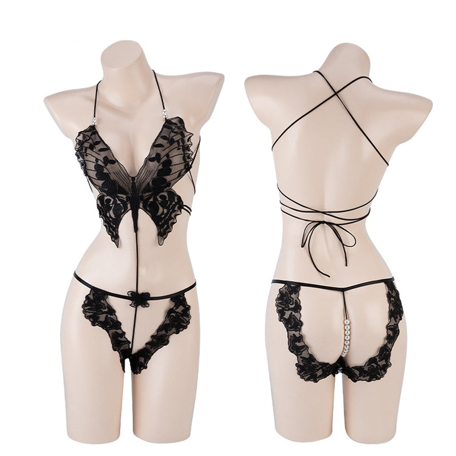 Yomorio Sexy Applique Teddy with Sheer Mesh Robe 2 Piece Crotchless Bodysuit Lingerie Set