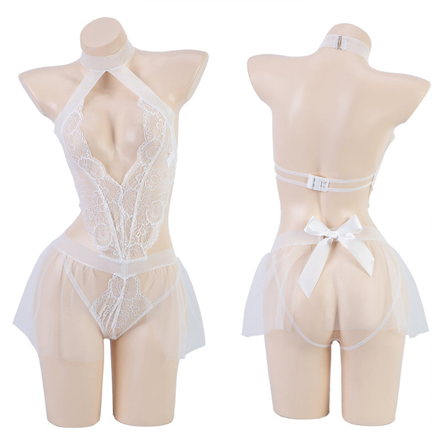 Yomorio Sexy Bride Costume White Bridal Lingerie Set Lace V Neck Teddy Bodysuit