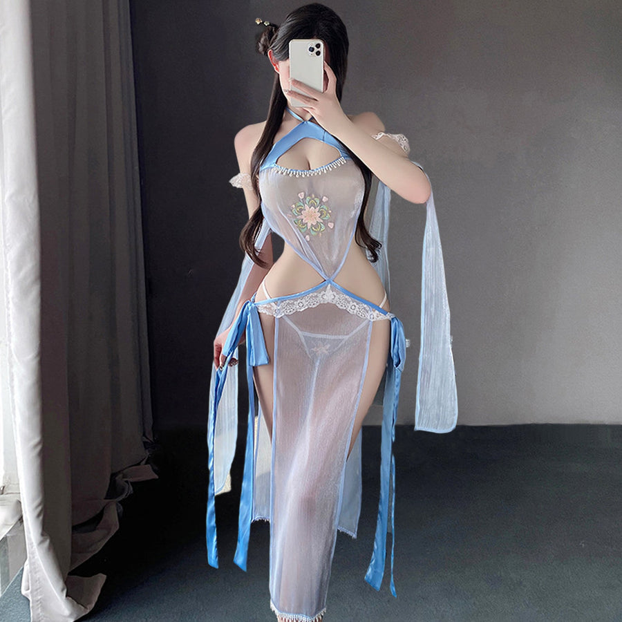 Yomorio Sexy Chinese Anime Lingerie Set See Through Exotic Geisha Costume Side Slit Maxi Dress