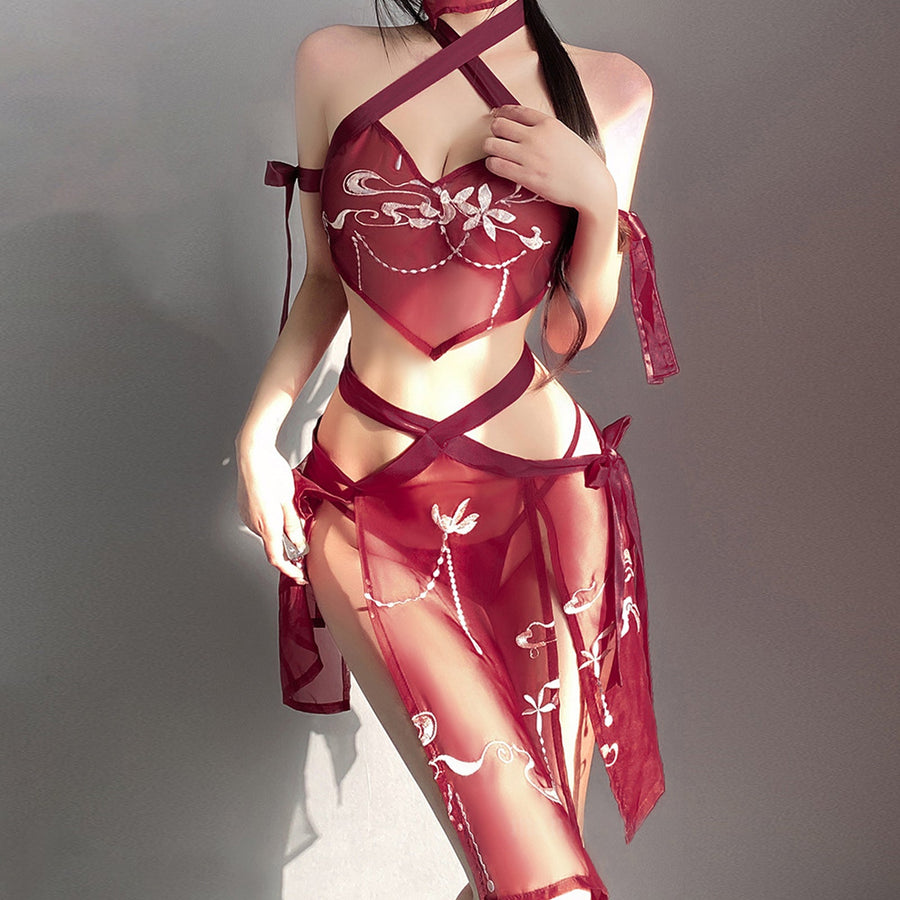 Yomorio Sexy Chinese Lingerie Set See Through Exotic Geisha Cosplay Costume High Slit Skirt Set