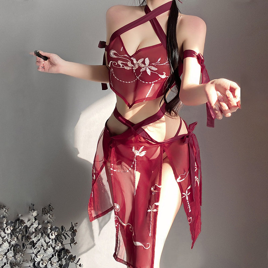 Yomorio Sexy Chinese Lingerie Set See Through Exotic Geisha Cosplay Costume High Slit Skirt Set