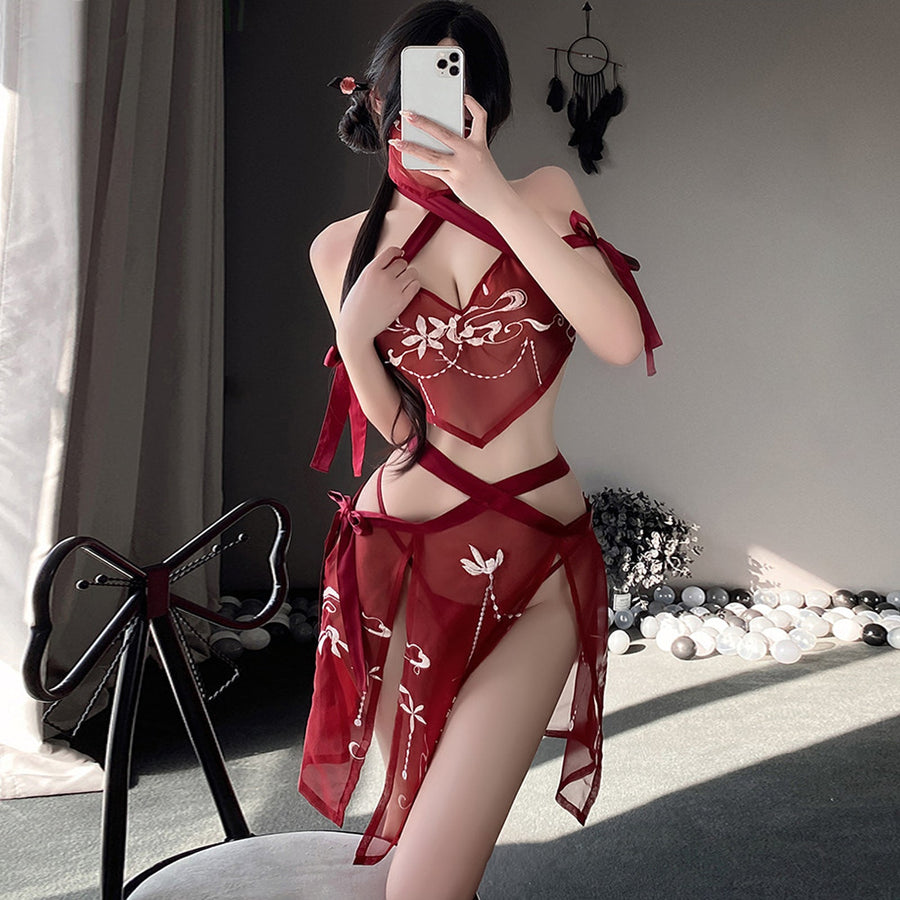 Yomorio Sexy Chinese Lingerie Set See Through Exotic Geisha Cosplay Costume High Slit Skirt Set