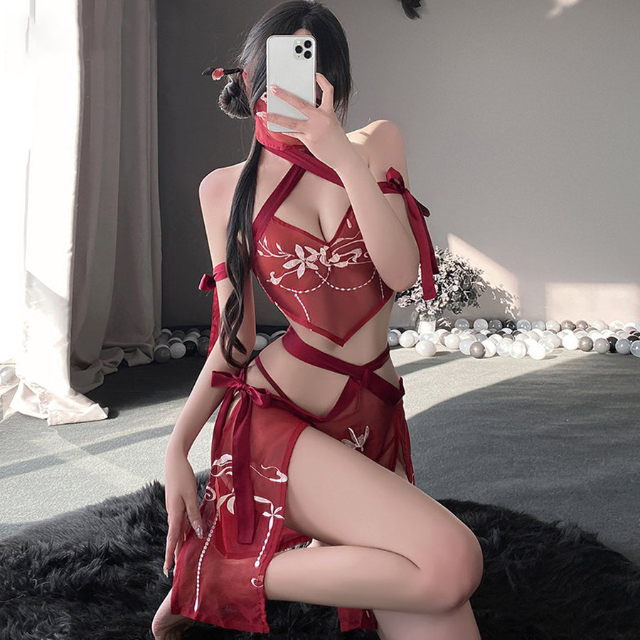 Yomorio Sexy Chinese Lingerie Set See Through Exotic Geisha Cosplay Costume High Slit Skirt Set