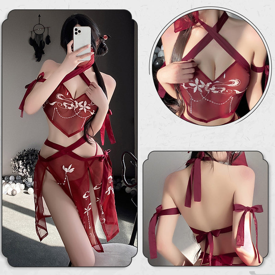 Yomorio Sexy Chinese Lingerie Set See Through Exotic Geisha Cosplay Costume High Slit Skirt Set