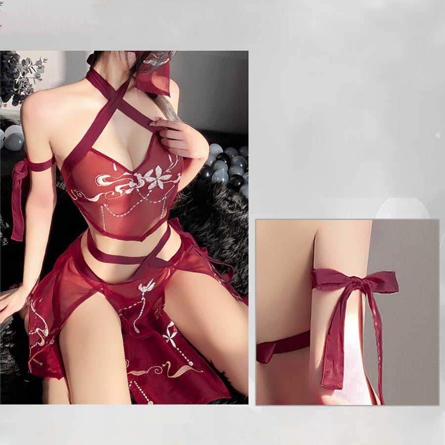 Yomorio Sexy Chinese Lingerie Set See Through Exotic Geisha Cosplay Costume High Slit Skirt Set