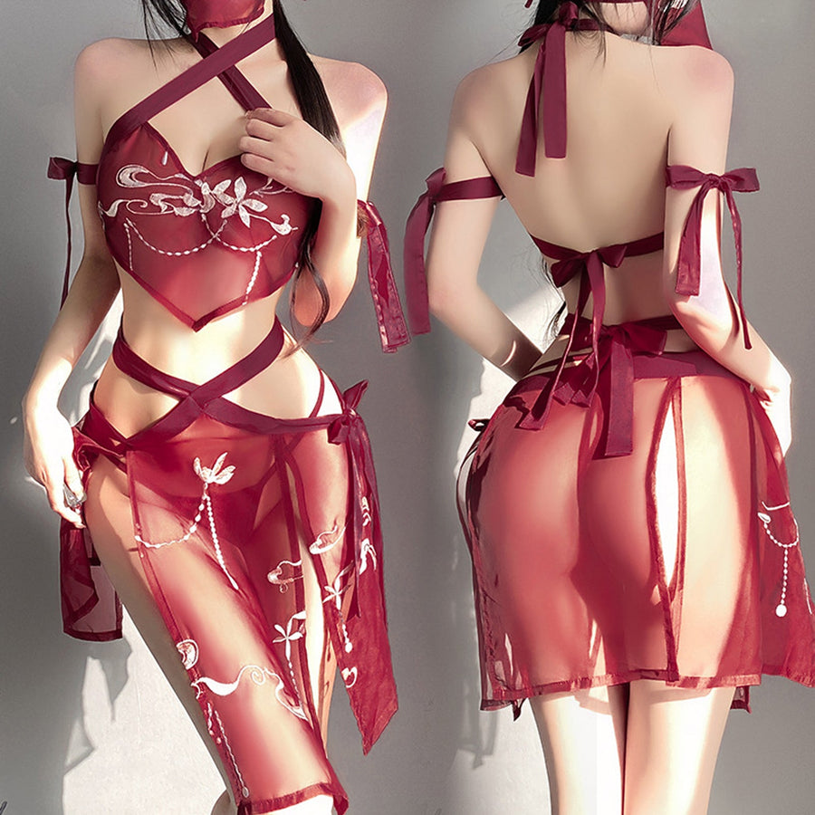 Yomorio Sexy Chinese Lingerie Set See Through Exotic Geisha Cosplay Costume High Slit Skirt Set