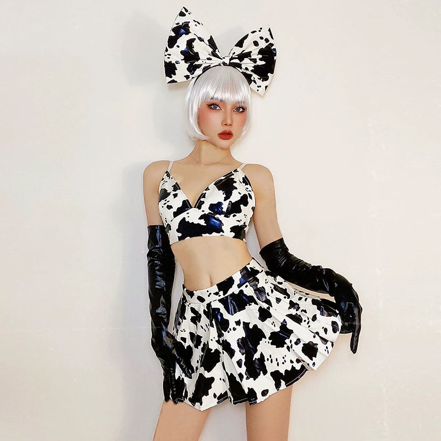 Yomorio Sexy Latex Cow Print Skirt Set Three Piece Bra Top & Pleated Mini Skirt Set with Bow Headband