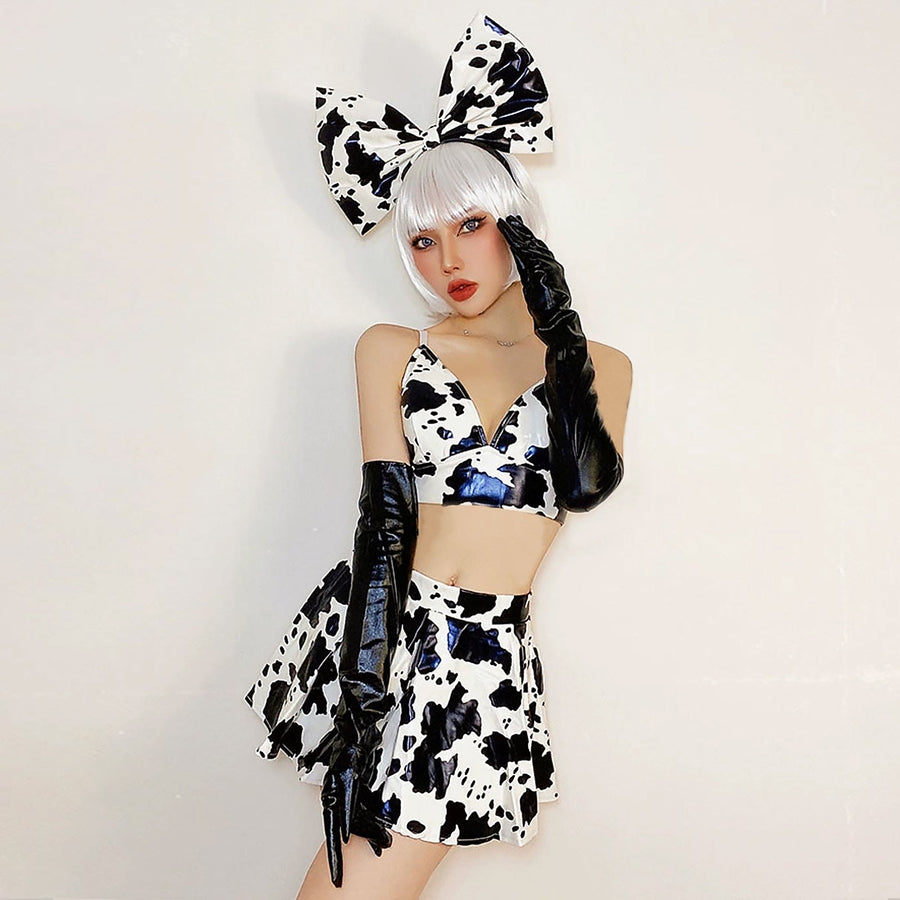 Yomorio Sexy Latex Cow Print Skirt Set Three Piece Bra Top & Pleated Mini Skirt Set with Bow Headband