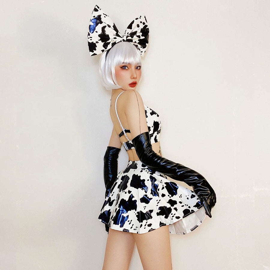 Yomorio Sexy Latex Cow Print Skirt Set Three Piece Bra Top & Pleated Mini Skirt Set with Bow Headband