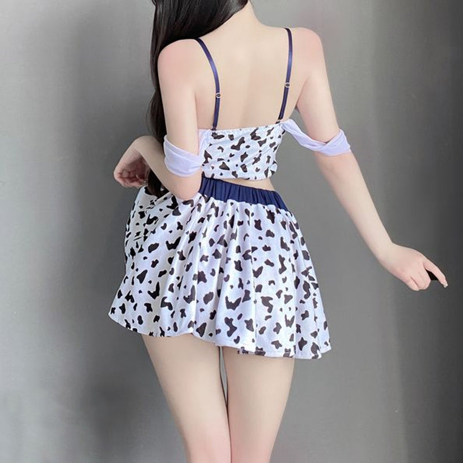 Yomorio Sexy Cow Print Lingerie Set Anime Cow Cosplay Outfit Lace-Up Skirt Set