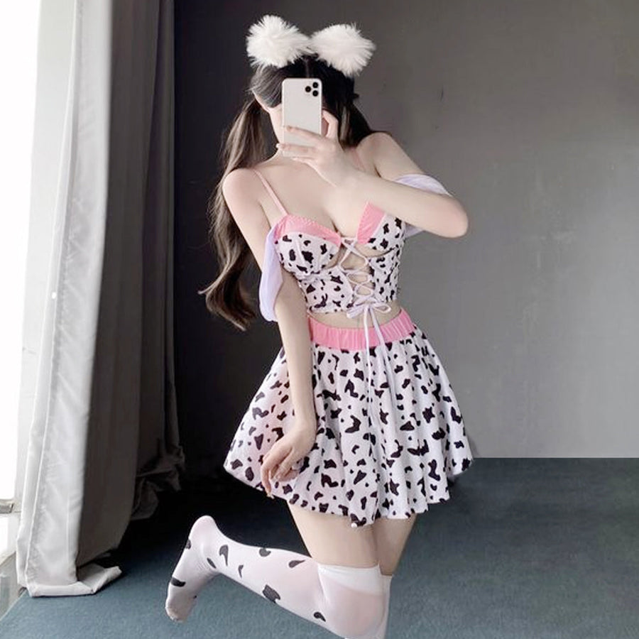 Yomorio Sexy Cow Print Lingerie Set Anime Cow Cosplay Outfit Lace-Up Skirt Set