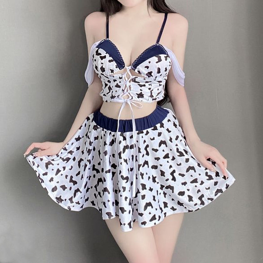 Yomorio Sexy Cow Print Lingerie Set Anime Cow Cosplay Outfit Lace-Up Skirt Set