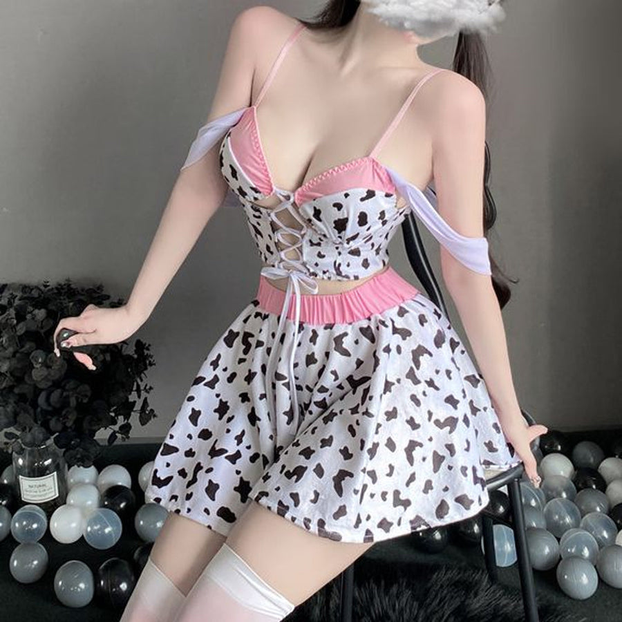 Yomorio Sexy Cow Print Lingerie Set Anime Cow Cosplay Outfit Lace-Up Skirt Set