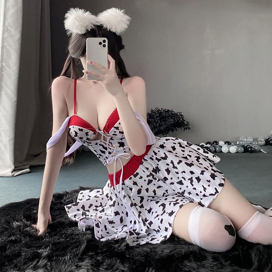 Yomorio Sexy Cow Print Lingerie Set Anime Cow Cosplay Outfit Lace-Up Skirt Set