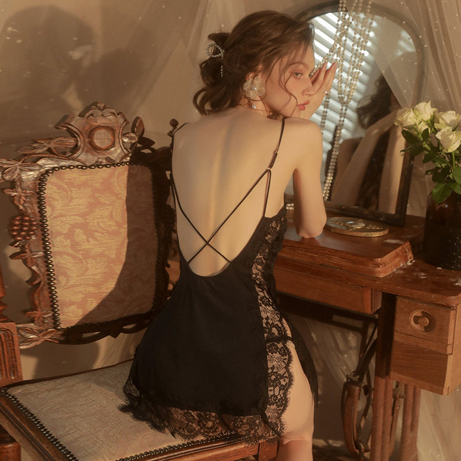 Yomorio Sexy Deep V Neck Babydoll Dress Lace Backless Camisole Nightgown Set