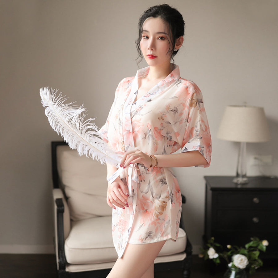 Yomorio Sexy Kimono Dress See Through Chiffon Lingerie Robe Floral Print Cover Up Top