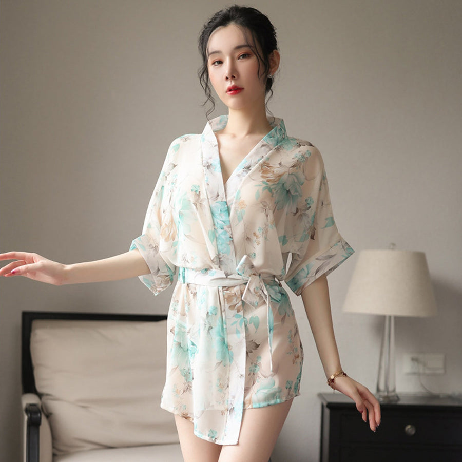 Yomorio Sexy Kimono Dress See Through Chiffon Lingerie Robe Floral Print Cover Up Top