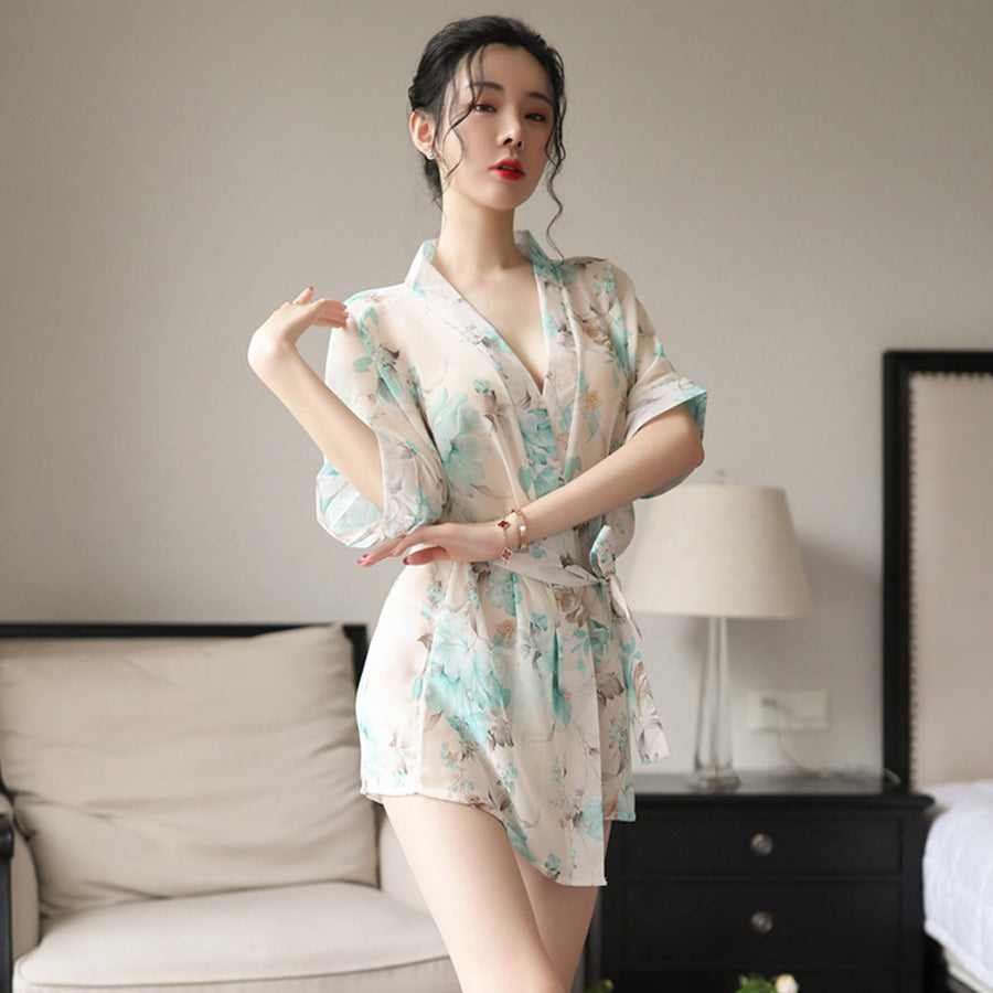 Yomorio Sexy Kimono Dress See Through Chiffon Lingerie Robe Floral Print Cover Up Top