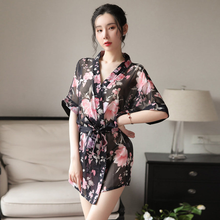 Yomorio Sexy Kimono Dress See Through Chiffon Lingerie Robe Floral Print Cover Up Top