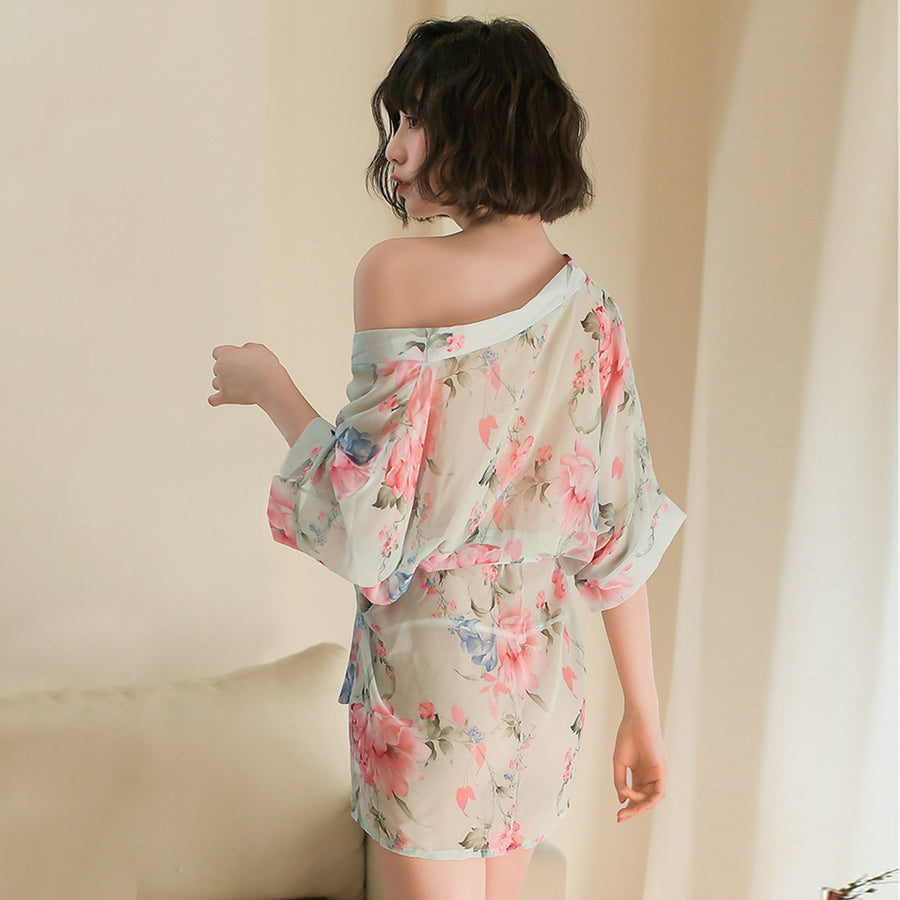 Yomorio Sexy Kimono Dress See Through Chiffon Lingerie Robe Floral Print Cover Up Top