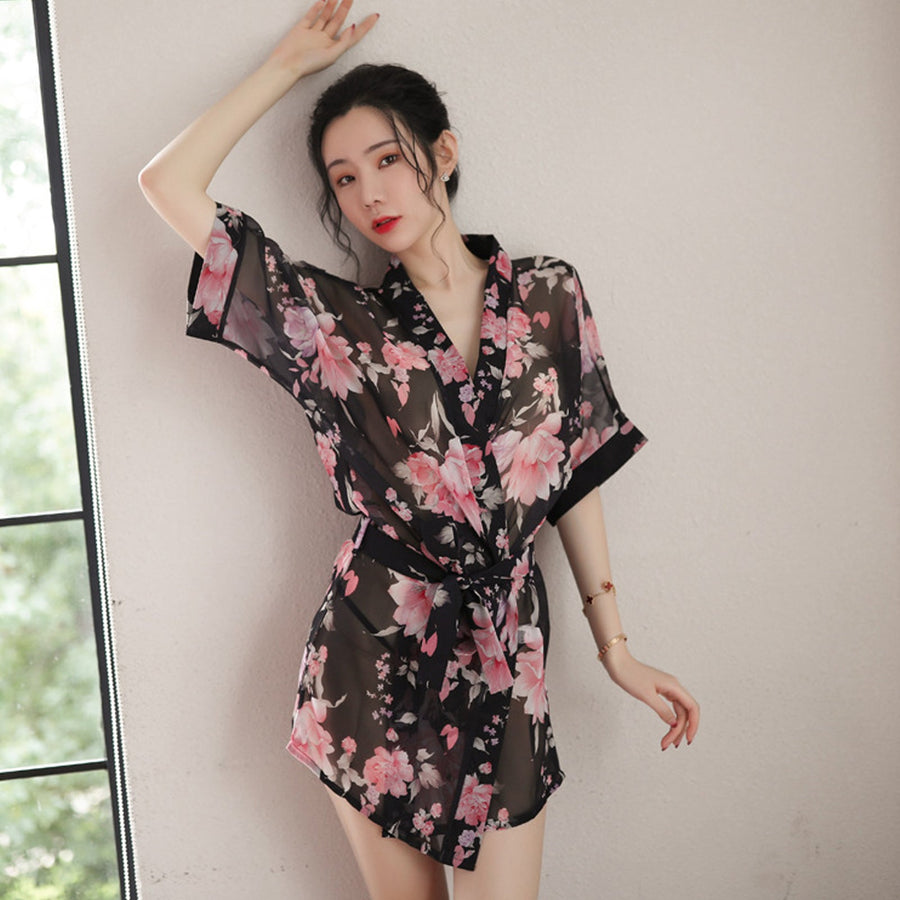 Yomorio Sexy Kimono Dress See Through Chiffon Lingerie Robe Floral Print Cover Up Top