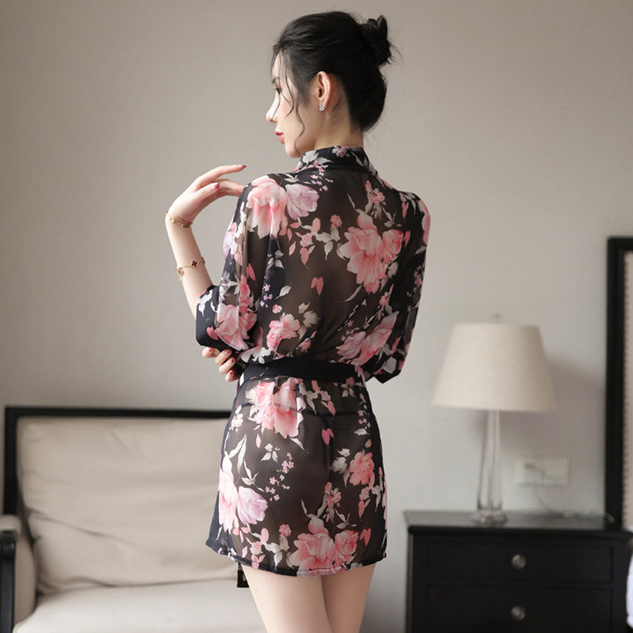 Yomorio Sexy Kimono Dress See Through Chiffon Lingerie Robe Floral Print Cover Up Top