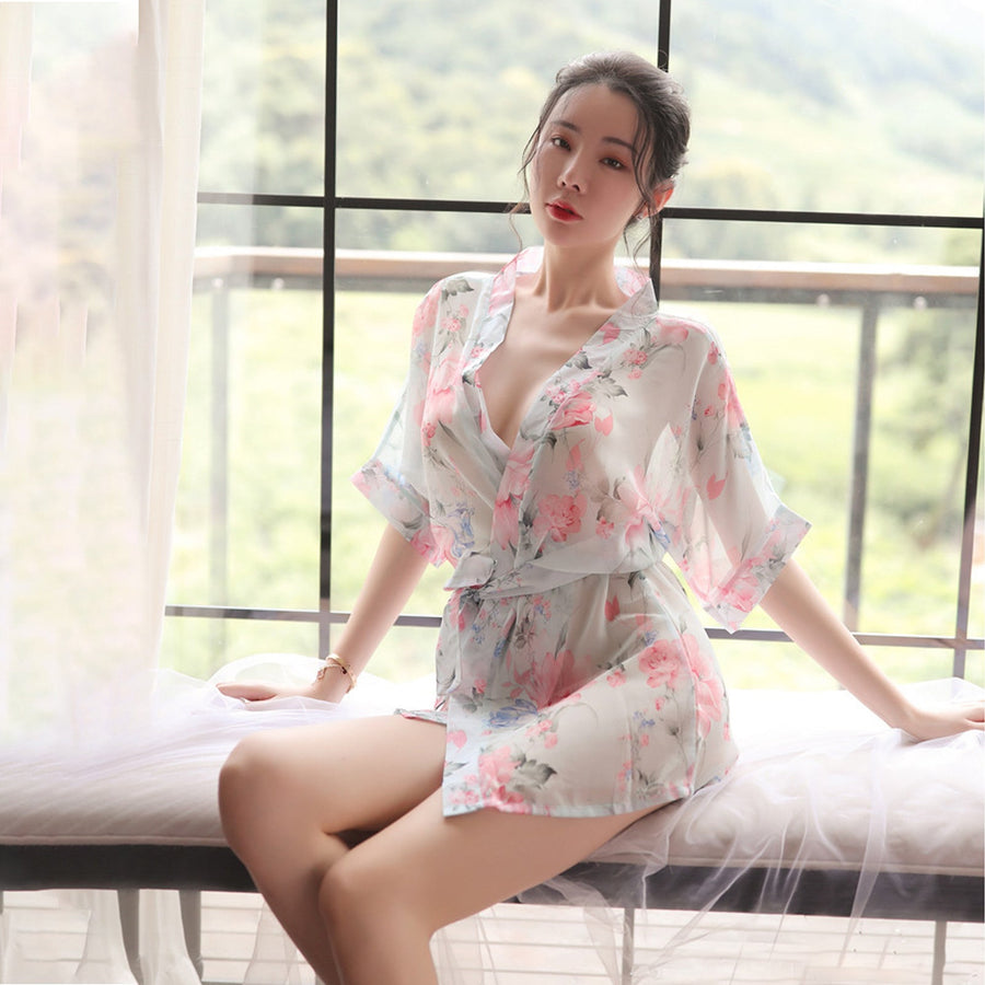 Yomorio Sexy Kimono Dress See Through Chiffon Lingerie Robe Floral Print Cover Up Top