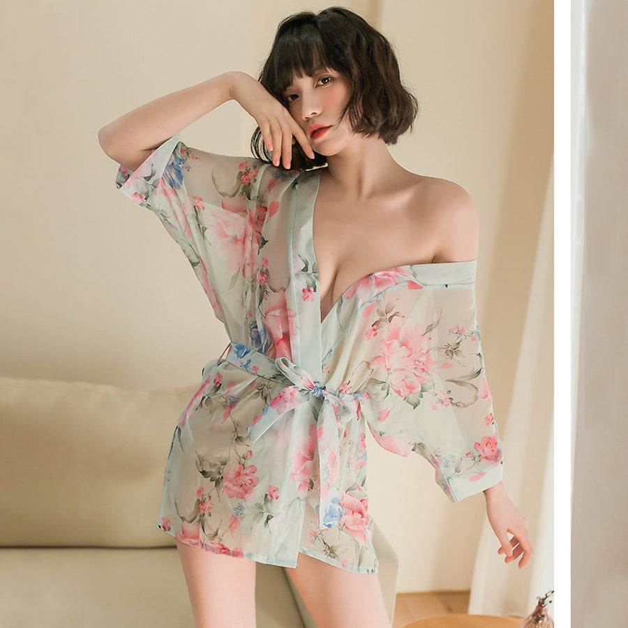 Yomorio Sexy Kimono Dress See Through Chiffon Lingerie Robe Floral Print Cover Up Top