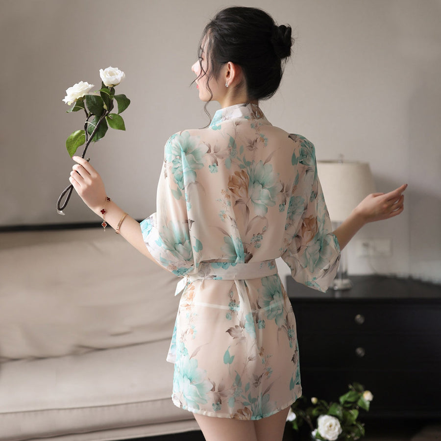 Yomorio Sexy Kimono Dress See Through Chiffon Lingerie Robe Floral Print Cover Up Top