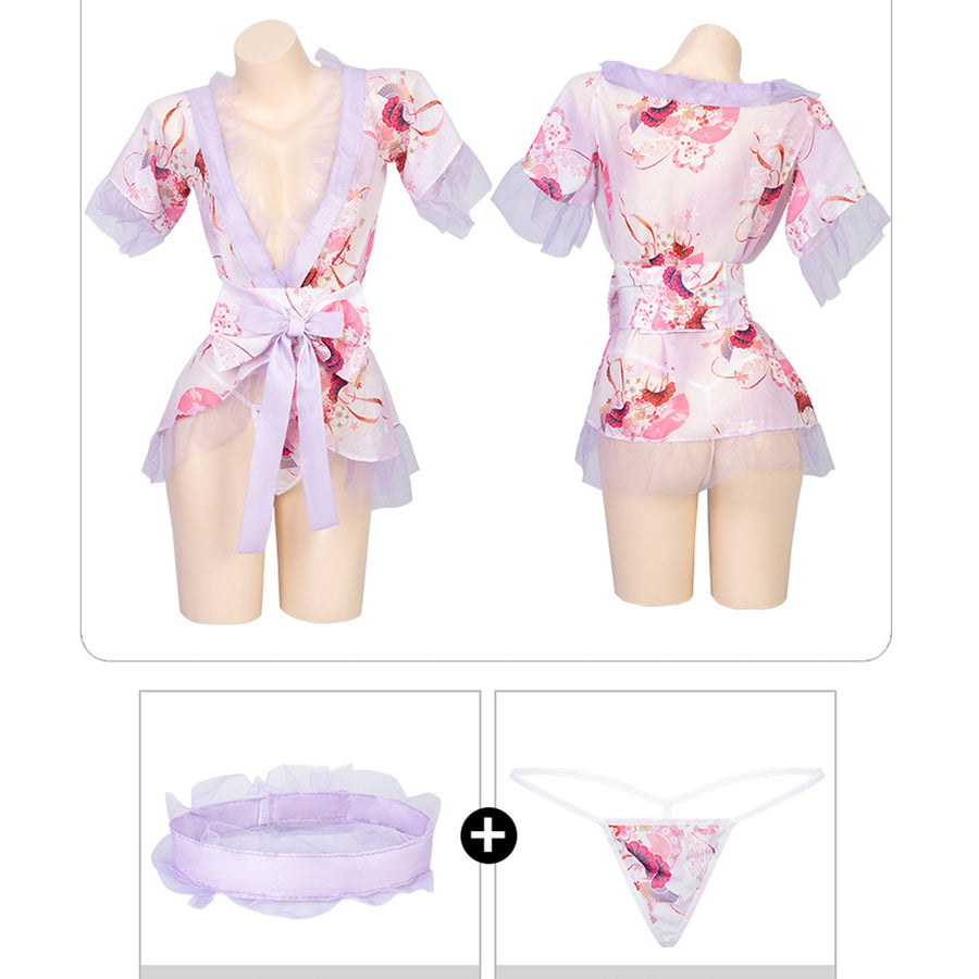 Yomorio Sexy Kimono Lingerie Robe Japanese Style Floral Printed Bathrobe Nightdress Asian Cosplay Outfits