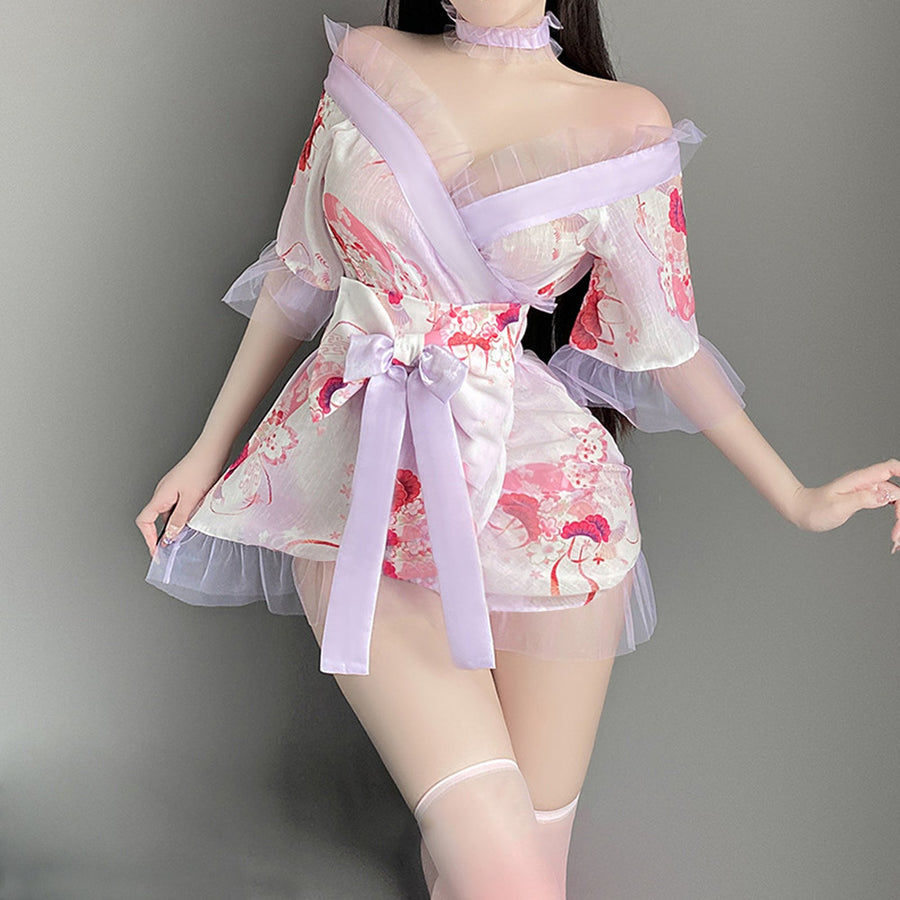 Yomorio Sexy Kimono Lingerie Robe Japanese Style Floral Printed Bathrobe Nightdress Asian Cosplay Outfits