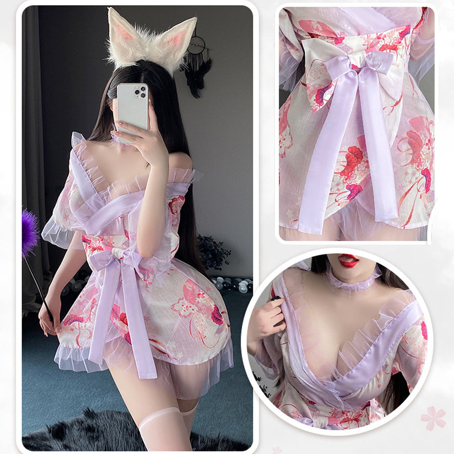 Yomorio Sexy Kimono Lingerie Robe Japanese Style Floral Printed Bathrobe Nightdress Asian Cosplay Outfits